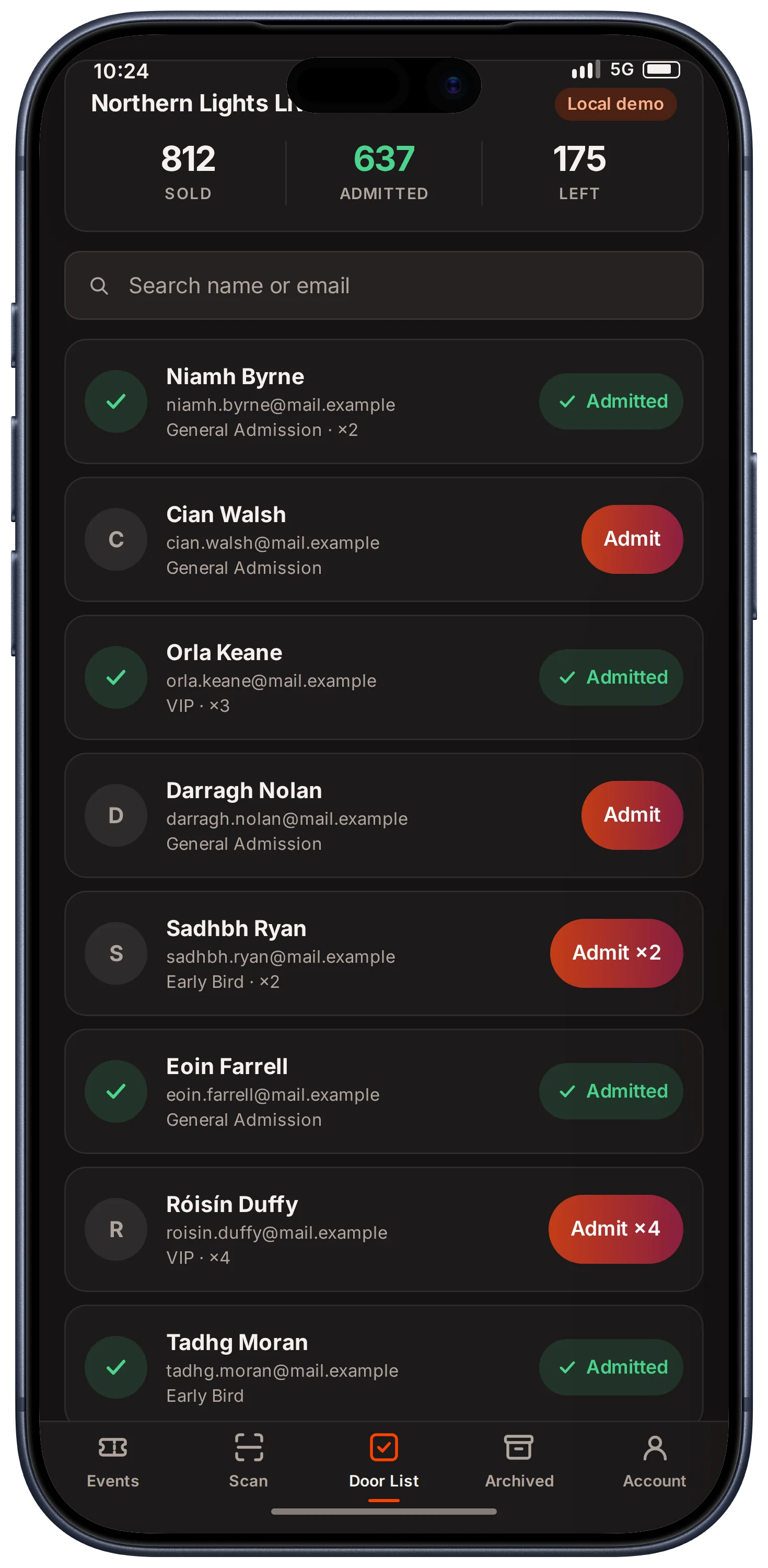 An iPhone showing the TicketSoft door list for an event: sold, admitted and remaining counts, a search box, and attendees marked admitted or ready to admit.
