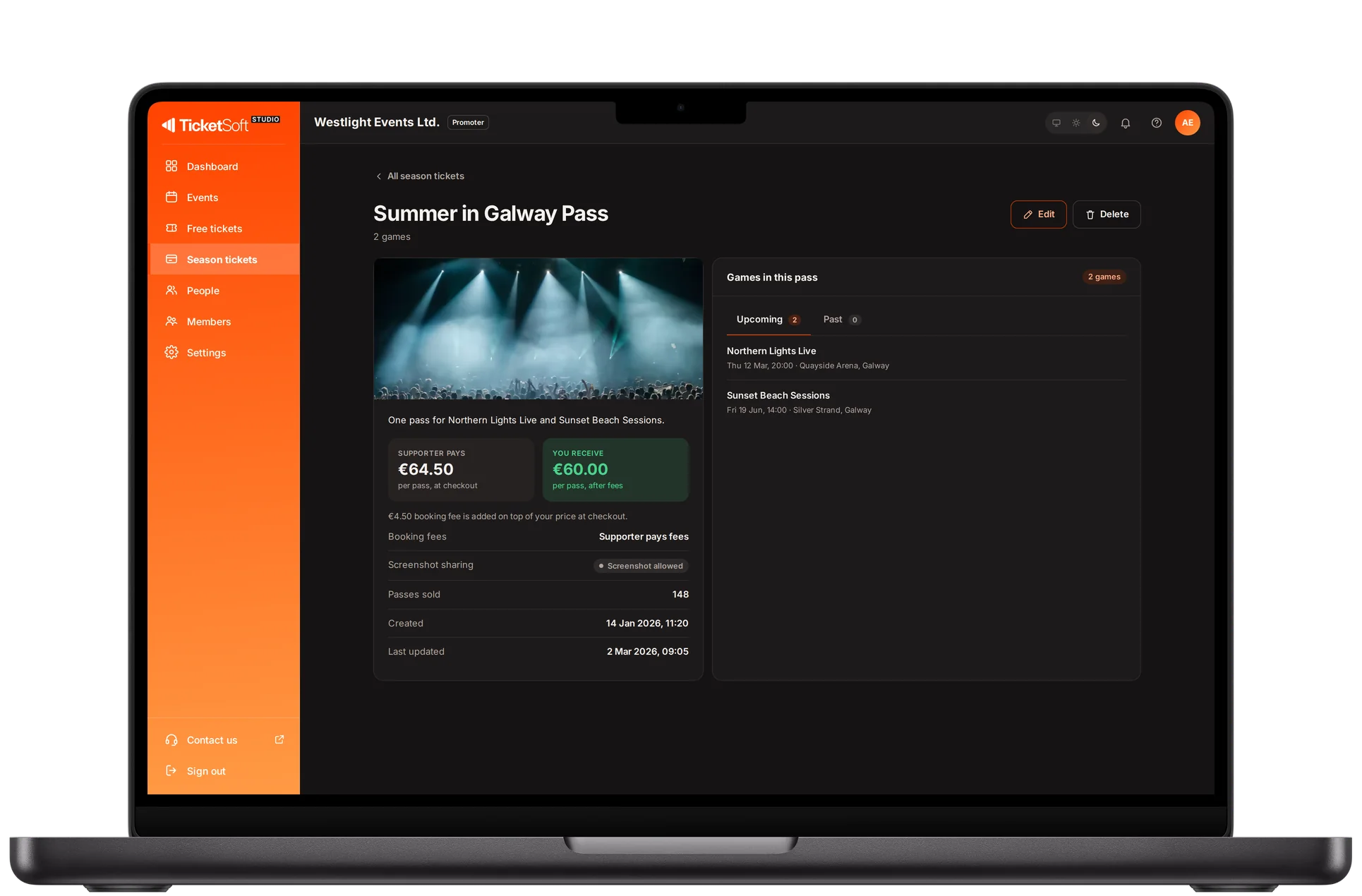 A MacBook showing a season pass in TicketSoft Studio: the fixtures it includes, the supporter price, the organiser's take and passes sold.
