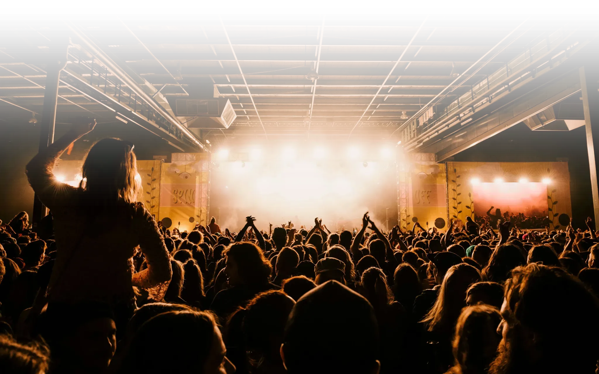 An indoor gig seen from the back of the crowd, heads and raised hands dark against the stage lights.